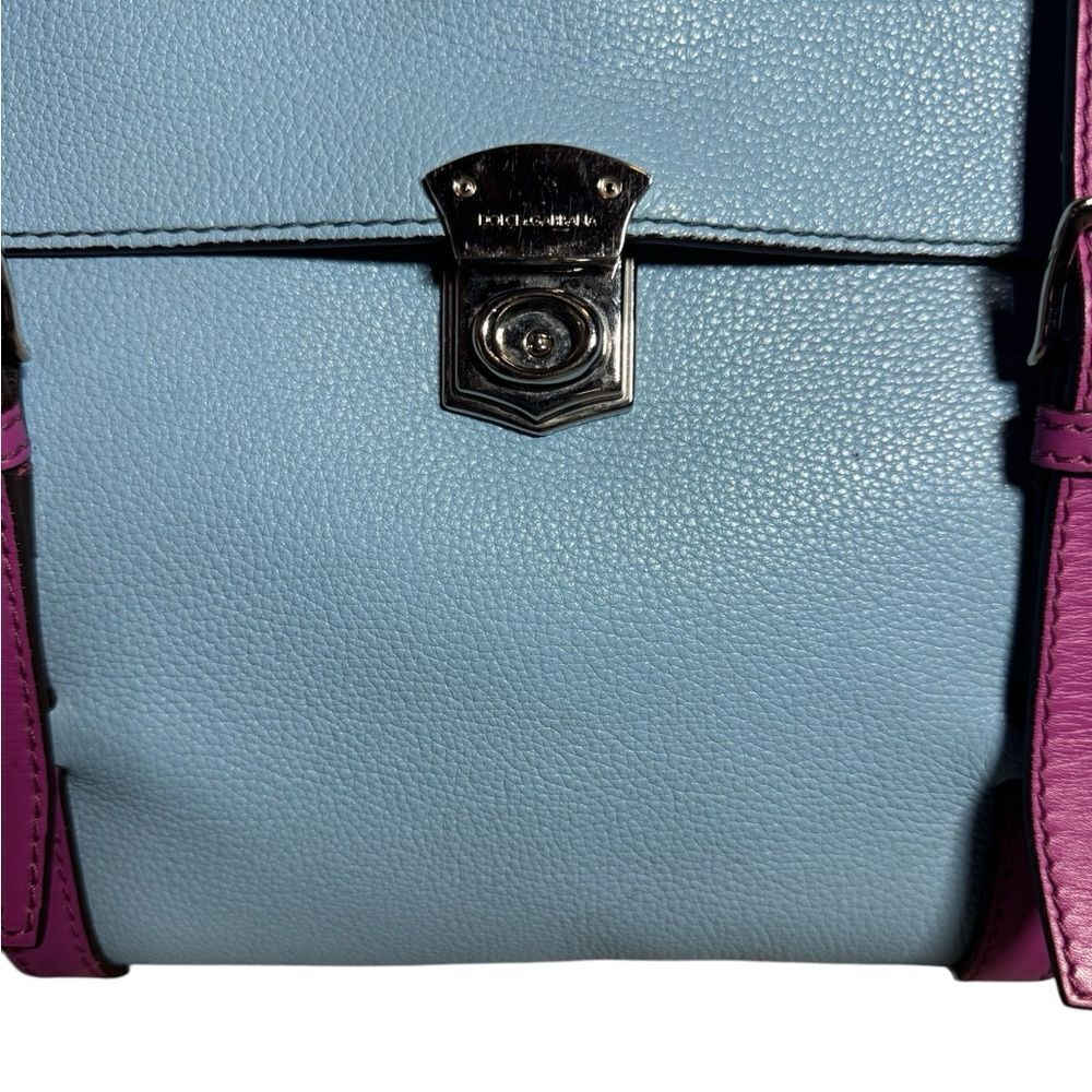DOLCE & GABBANA Blue Leather Briefcase Backpack Top Handle Satchel Fuchsia Strap - Picture 3 of 16